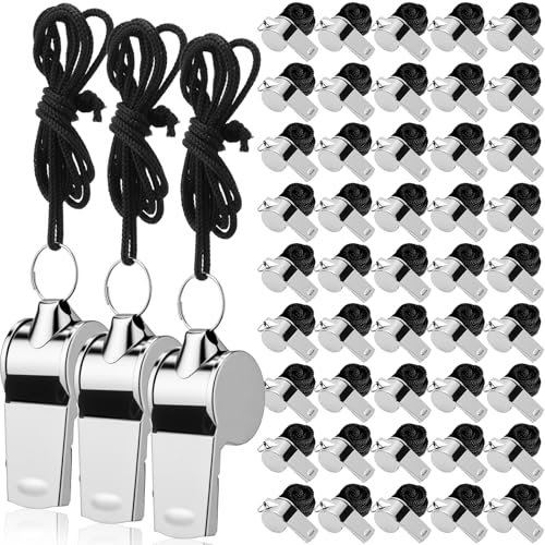 Flutesan 48 Pcs Stainless Steel Whistles Bulk with Lanyard Sports Loud Crisp Sound Whistles for Coach Referees Training Emergency