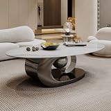 Modern Oval Stone Coffee Table with Gray Metal Base - Elegant Centerpiece for Stylish Living Rooms - 49.2' Lx27.6 Wx15.8 H