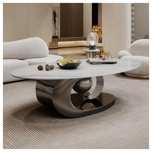 Modern Oval Stone Coffee Table with Gray Metal Base - Elegant Centerpiece for Stylish Living Rooms - 49.2" Lx27.6 Wx15.8 H