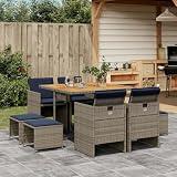 KLGBNCVE 9 Piece Garden Dining Set with Cushions, Grey Poly Rattan Patio Dining Set with Folding Chairs and Acacia Wood Table