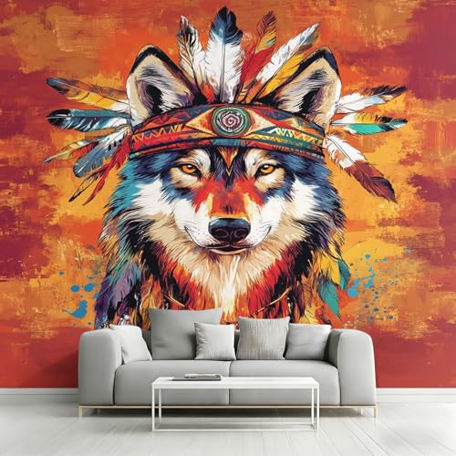 Papier peint loup pour masquer les défauts du mur de salon