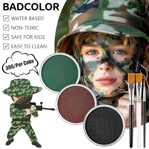 Black Green Brown Camo Face Paint with Brushes Set, Water Based Face Painting Kit for Camouflage Military Hunting & Paintball, Facepaint for Adults Halloween Special FX Cosplay Costume Makeup by BADCOLOR - Image 4