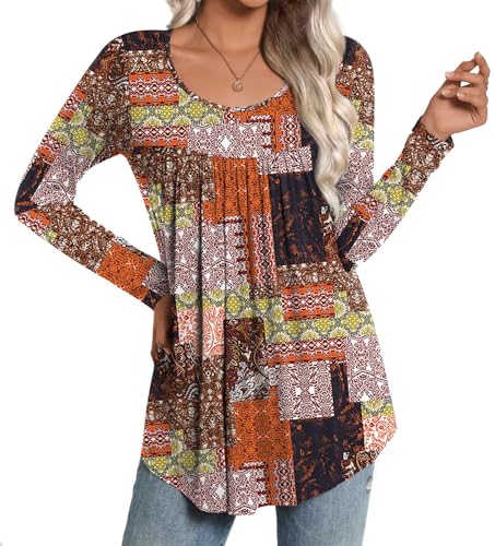 CATHY Womens Long Sleeve Casual Tunic Tops Fall Fashion 2026 Loose Fit Dressy to Wear with Leggings Winter Elastic Shirts, 3XL, Flower Multiple Orange — view 2