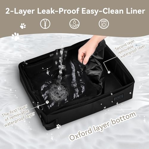 Image of PETSFIT Portable Travel Cat Litter Box - Collapsible, 2-Layer Leak-Proof Washable Liner with Sturdy Support Frame, for Hotel /Car /Camping, Cat Travel Essentials for Kitty /Medium Cats Solid Black