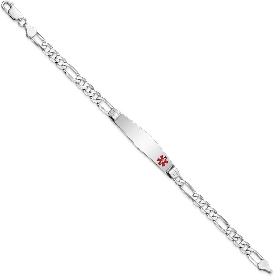 Engravable Personalized Custom 14K White Gold Medical Soft Diamond Shape Red Enamel Figaro Link ID Bracelet For Women Length 8 inches Width 9.5 mm
