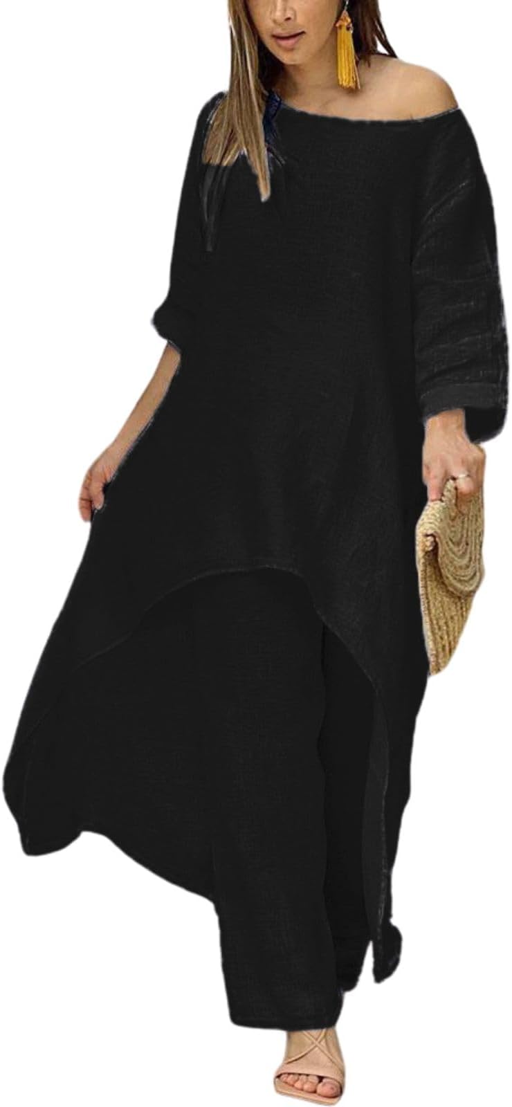 DMOYALA Women Linen Set - 2 Piece Linen Outfits with 3/4 Sleeve Dress & Wide Leg Pants