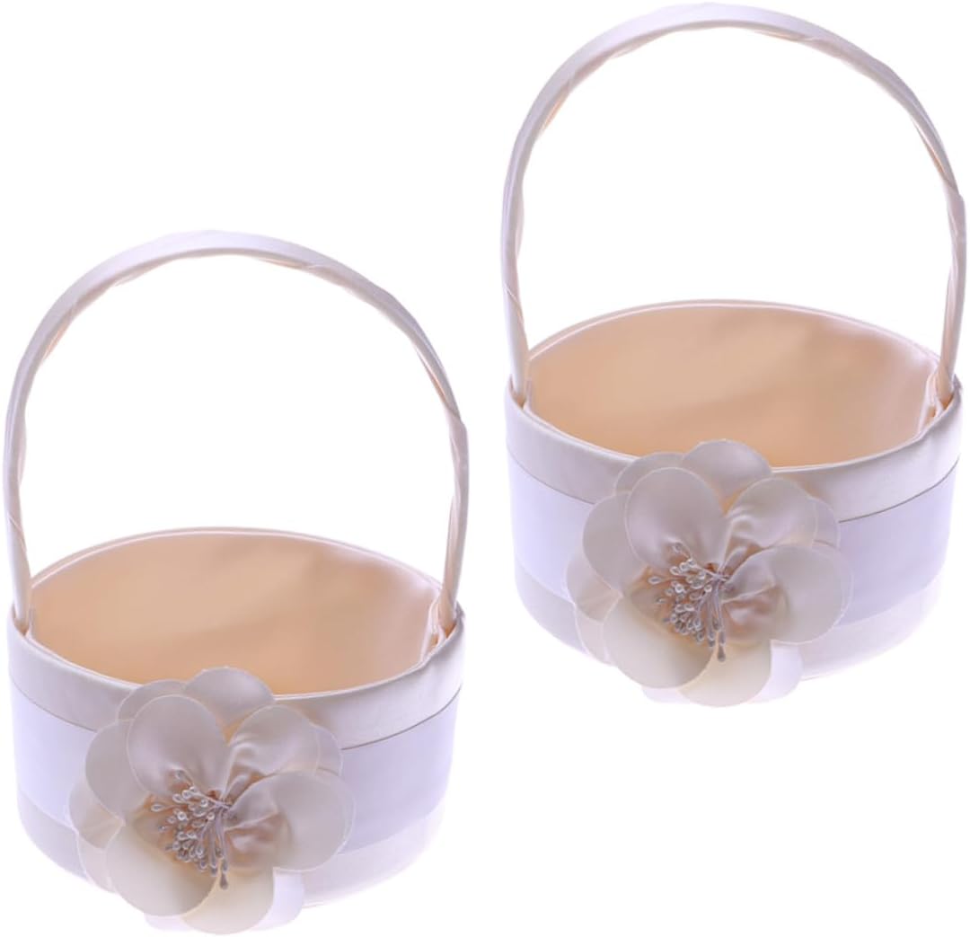 Set of 2pcs Satin Flower Girl Basket with Handle Wedding Flower Basket and Bridal Ceremony Supplies