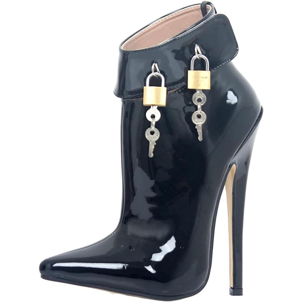 SPONYBORTY 7 Inch High Heel Stripper Club Dance Shoes Lockable Ankle Boots Sexy Lace Fetish High Heel Padlocks Cosplay Pumps Shoes thigh/Black/44EU