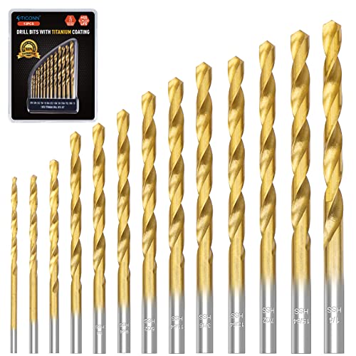 Ticonn 13 Pcs Titanium Coated Drill Bit Set, 135 Degree Tip High Speed Steel Hss Drill Bits Kit For Steel, Aluminum, Copper, Soft Alloy Steel, Wood, Plastic Size From 1/16" To 1/4" #TOP4