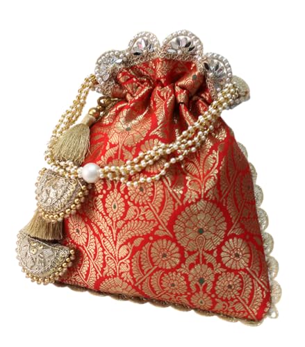 Image of MILAN'S CREATION Pure Banarasi Potli Silk Brocade Bag Purse Drawstring Women's handbag with Pearl Handle & Tassel Weddings