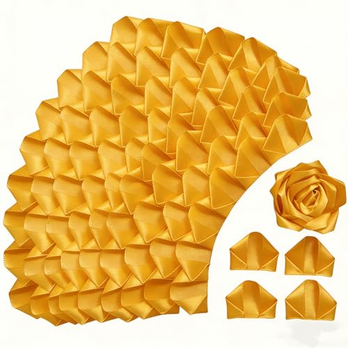 LatinaFlorista 300Pcs Premade Satin Ribbon Rose Petals Half-Finished for Eternal Rose DIY Ramos Forever Flowers Bouquets Everlasting Floral,for Wedding,Anniversary,Birthday (300 Pcs Gold)