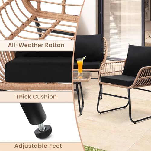 Image of Kromax 4-Piece Patio Bistro Outdoor Furniture Set, Natura /Black | Outdoor All-Weather Wicker Furniture Chairs and Side Table Set, Ideal for Balcony, Porch and Backyard