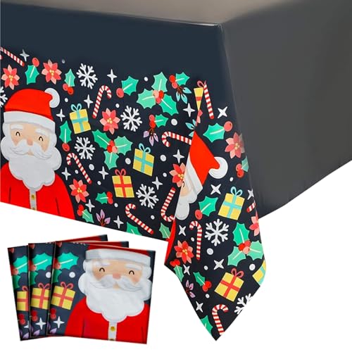 Image of BLUE PANDA 3 Pack Santa Claus Plastic Tablecloths for Christmas Party Supplies, 54 x 108 inch Rectangular Xmas Holiday Table Covers, Fun Festive Christmas Party Decorations