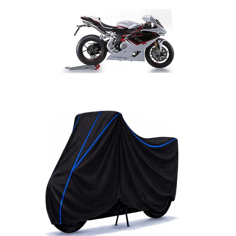 Image of MV Agusta F4 R Bike Cover Water Resistant Universal Motorcycle Rain | Heavy Duty UV Protection, Dust, Scratch Indoor Outdoor All Weather with Black Blue Piping Elastic