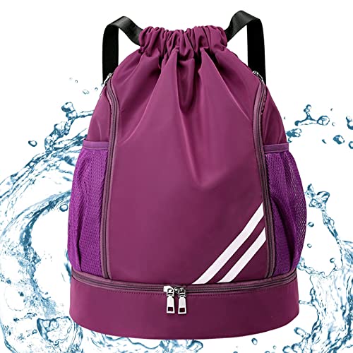 ulapithi Ryggsäck med dragsko| Vattentät sportväska med dragsko, String gymsäck med skofack sidonätfickor för basket, sportkläder, simutrustning, Lila