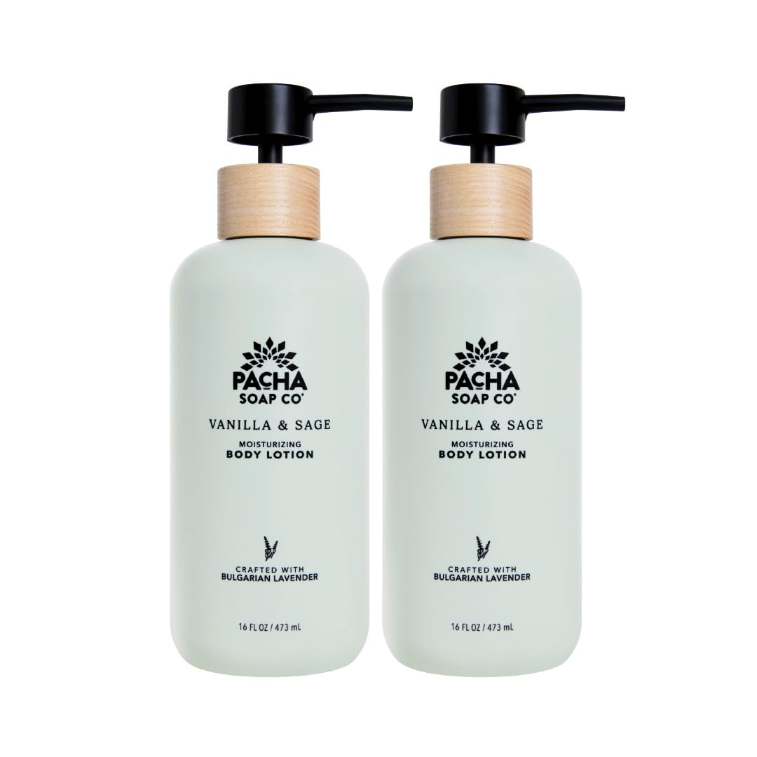 Pacha Soap Co. Body Lotion - Vanilla & Sage, Hydrating & Nourishing Formula with Clean Ingredients and Essential Oils, Dye Free, SLS Free, Paraben Free, Made in the USA, 2-Pack (16 fl oz Each)