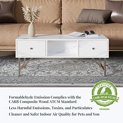 Aurorome Coffee Table With Storage, 43" Mid Century Modern Coffee Table With Drawers, Gold Coffee Table With Metal Legs, Wood Small Coffee Table Living Room, Reading Room, Parlor, White #TOP7