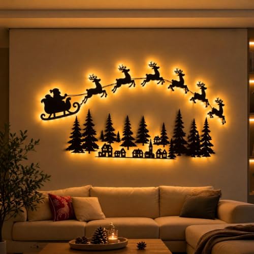 Image of Light Up Wooden Santa Sleigh Reindeer Wall Decor, Remote Control LED Backlit Christmas Tree Village Wall Art, Peel Stick Holiday Decoration,B