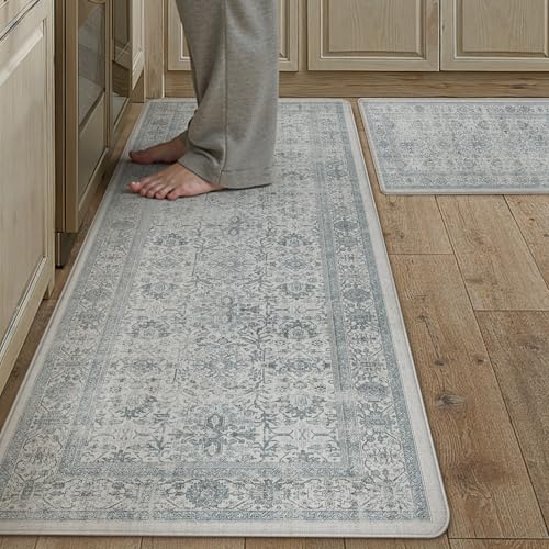 Kitchen Mats 2PCS Anti Fatigue Cushioned Mat Blue Vintage Kitchen Mats for Floor Waterproof Non Slip Comfort Standing Distressed Rug for Sink Laundry Office 17.3"x47"+17.3"x30" Vintage | Blu