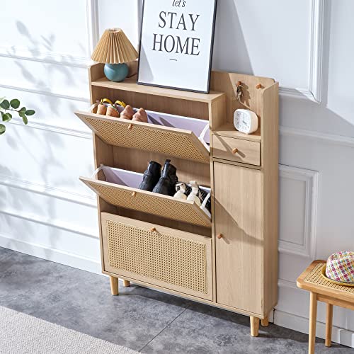 Wekity Shoe Storage Cabinet, Slim Shoe Cabinet For Entryway With 3-Tier Narrow & Storage Drawer, Rattan Shoe Cabinet With Door, Free Standing Wooden Shoe Cabinet For Entryway Hallway Doorway #TOP6
