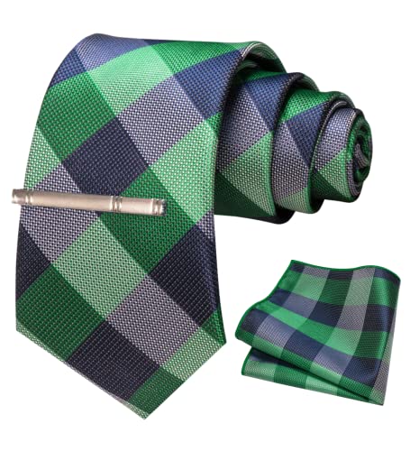 Image of RBOCOTT Silk Stripe Plaid Tie and Pocket Square with Tie Clip Sets for Men