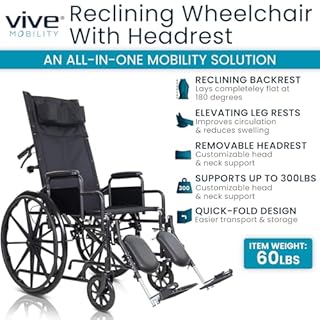 Vive Mobility Reclining Wheelchair with Elevating Leg Rests - Heavy Duty Recliner Wheel Chair for Seniors & Adults -Wide 18" Seat, up to 300lbs -High Back, w/Leg & Head Support -Comfortable Headrest