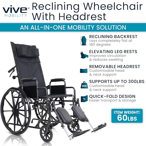 Vive Mobility Reclining Wheelchair with Elevating Leg Rests - Heavy Duty Recliner Wheel Chair for Seniors & Adults -Wide 18