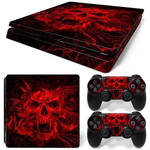 PS4 Slim Console Skin Set Vinyl Decal Sticker for Playstation 4 Slim Console Dualshock 2 Controllers-Red Skeleton (PS4 Slim Only)