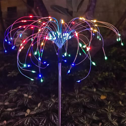 Solar Garden Firework Lights Outdoor Waterproof, 2 Pack 200 LED 8 Lighting Modes Sparklers Solar Twinkling Starburst Lights for Yard Flowerbed Pathway Fence Decorations, Multicolor, Copper Wire