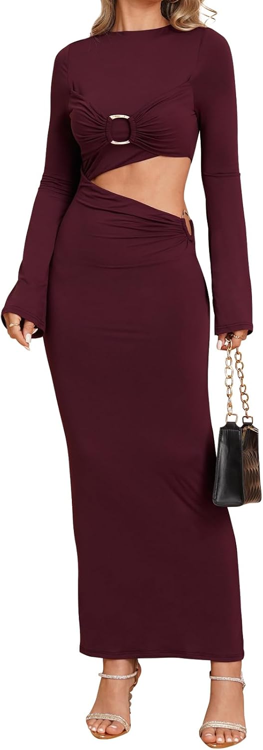XinFSh Women's Fall Wedding Guest Dress Sexy Cutout Long Sleeve Bodycon Formal Cocktail Party Maxi Dresses 2025
