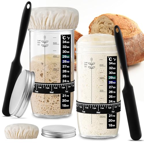 Comparison: Best Sourdough Starter Container 11 Glass Sourdough Starter Jar 2 Pack, 24 oz Wide Mouth Organic Sourdough Starter Kit with Date Marked Band, Thermometer, Cloth Cover & Metal Lid, Reusable Bread Baking Supplies, Bread Making Accessories