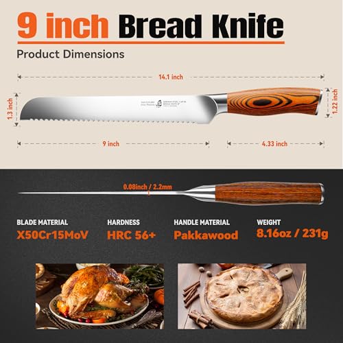 Image of TUO Bread Knife, 9 inch Sharp Serrated Slicing Knife for Homemade Sourdough Bread, High Carbon German Steel, Ergonomic Handle, Gift Box Included