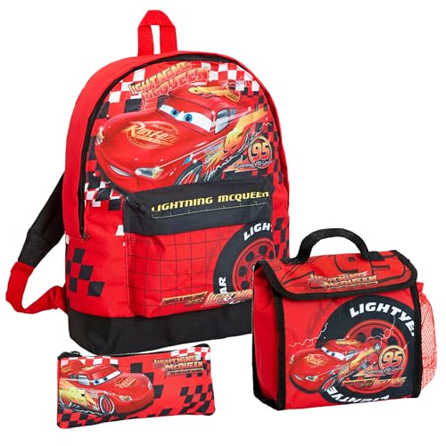 Disney Cars - Set de mochila escolar, lonchera y estuche para lápices de Rayo McQueen de 3 piezas de regalo, rosso