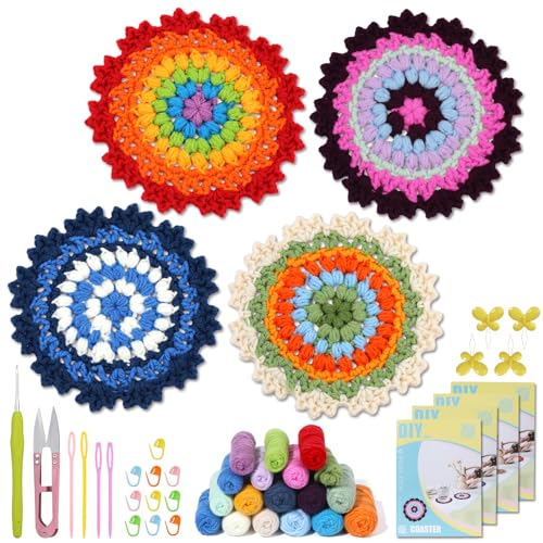 BUOKKON Crochet Kit for Beginners Coaster Beginner Crochet Kit with Step-by-Step Video Tutorials Yarns Crochet Hook