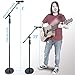 AxcessAbles One Hand Microphone Stand with Weighted Heavy Round Base and Quick Grip Height Adjustment - Telescoping Mic Boom Arm Included. Tall Microphone Stand for Singing (MS-201RB)