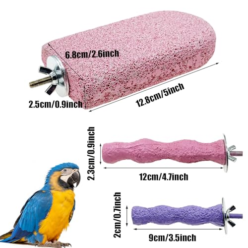 Image of Pet Teeth Grinding Stone and Perch, Bird Perch Stands, Natural Chewing Toys for Small Medium Birds Budgies Conures Cockatiels Rats, Purple and Pink