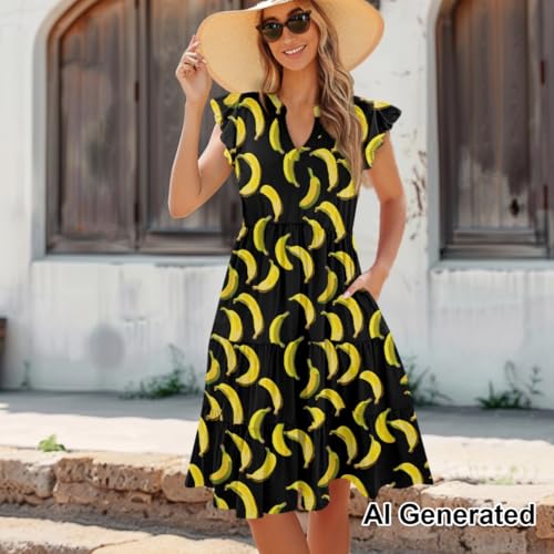 Image of Women's Casual Ruffle Sleeve Dress V Neck Pullover Dress Flowy A-Line Pleated Lightweight Dress with Pockets