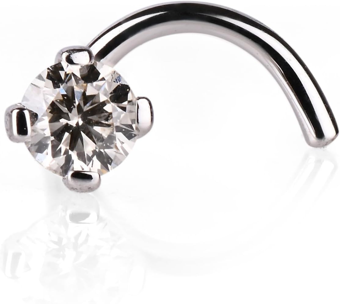 Diamond Nose Stud 14K White Gold Nose Ring Twist Screw 21 Gauge HI Color 0.02 to 1/6 ct