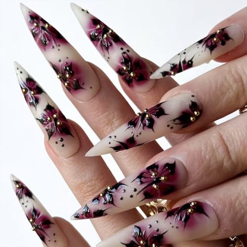 Red Flower Press on Nails Extra Long Fake Nails with 3D Gold Beads Floral Gradient Design 24 Pcs Natural Reusable Ivory White Long Almond Acrylic Nail Full Cover Stick on Nail for Women Fashion WYFHDT