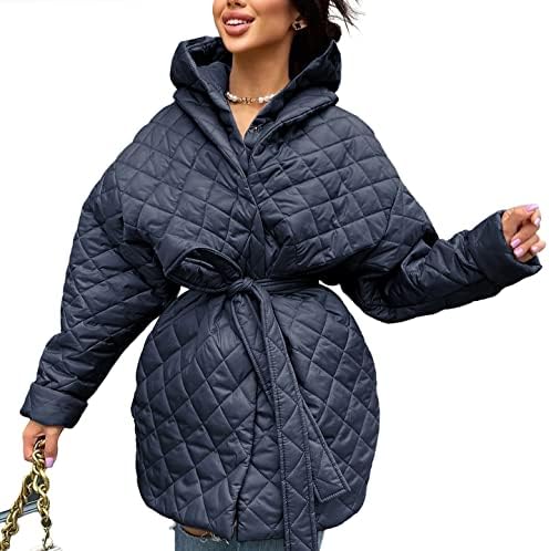BTFBM Women Button Down Quilted Jacket Coat 2023 Fall Winter Fashion Belt Pockets Removable Padded Hood Puffer Outerwear(Solid Navy, Medium)