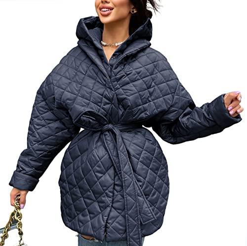 Btfbm Women Button Down Quilted Jacket Coat 2023 Fall Winter Fashion Belt Pockets Removable Padded Hood Puffer Outerwear(Solid Navy, Medium) #TOP24