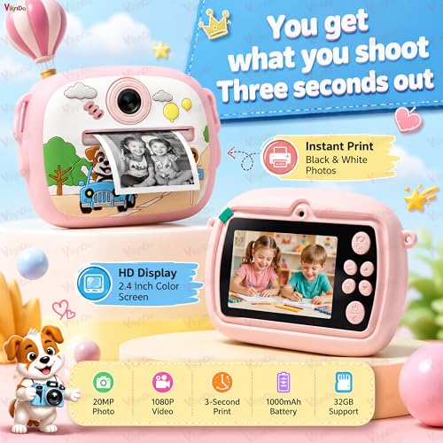 Image of VikriDA Instant Print Camera for Kids | 1080P HD Digital Camera with Video Recording, Built-in Printer, Fun Filters & Stickers - Dino-Themed Instant Digital Camera
