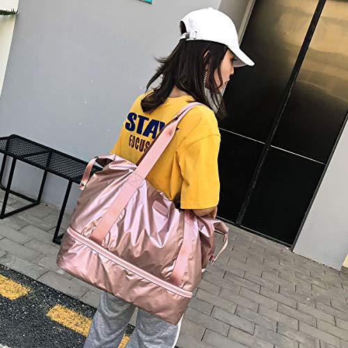 fancyfree Double Layers Bag, Large Travel Tote Bag with Bottom Shoes Compartment, Ideal Gym Duffle Bag for Women and Men (Rose Gold)