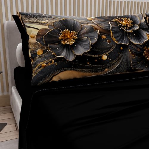 PETTI Artigiani Italiani - Lenzuola in Cotone con Federe in Stampa Digitale, Lenzuola Una Piazza e Mezza, Completo Letto Una Piazza e Mezza, Floreale 22 Nero, 100% Made in Italy