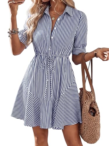 MASCOMODA Womens Puff Short Sleeve Striped Mini Summer Dress Spring