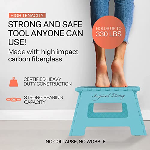 Inspired Living 9" Step Stool, Folding Step Stools For Adults, Plastic Foldable Step Stools Kids, Holds Up To 330 Lbs, Collapsible Folding Stool For Kitchen, Bathroom, Bedroom - Blue Robins Egg #TOP2