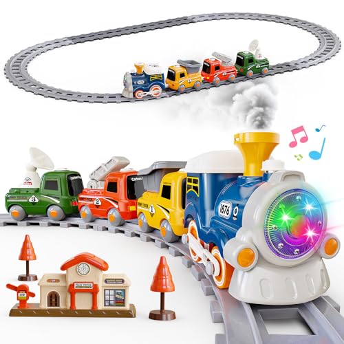 Hot Bee Train Set for Toddlers with Steam - Light Up & Sound Choo Choo Train, Electric Train Set for Toddlers 2-4, Magnetic Connection Train Toys, Birthday Gifts for Boys Girls 3 4 5 6
