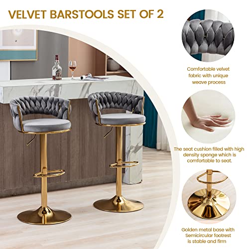 Abet Gold Bar Stool Set Of 4, Velvet Swivel Woven Barstools, Height Adjustable Counter Stools With Hollow Back, Upholstered Modern Luxury Kitchen Stools With Footrest For Cafe, Pub, Gray #TOP3