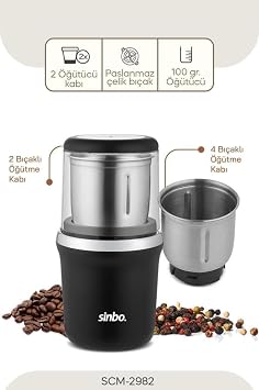 Sinbo SCM-2982 Elektrikli Kahve ve Baharat Öğütücü – 200W Motor, 2 Hazneli (4 + 2 Bıçak), 100 gr Kapasiteli Paslanmaz Çelik Değirmen