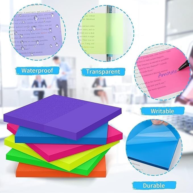 Image of Cubic Multicolour Transparent Plastic Sticky Note Pad | Waterproof & Reusable PET Sticky Notes for Office, School & Study | Smooth Writing & Strong Adhesive